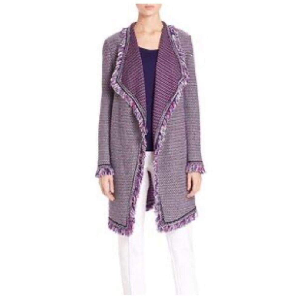 St. John Fiore Knit Coat Open Waterfall Fringe Wool Blend Cardigan Purple XL